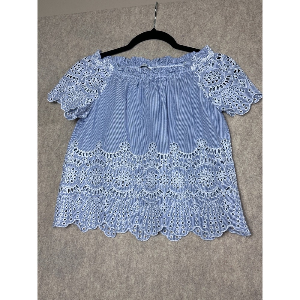 Blue & White Stripe Embroidered Ruffle Sleeve Blouse Girls Medium DEX